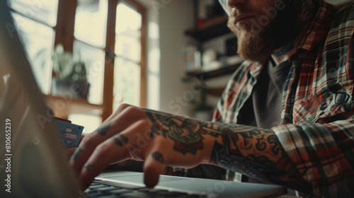 Tattooed young man with credit cards using laptop