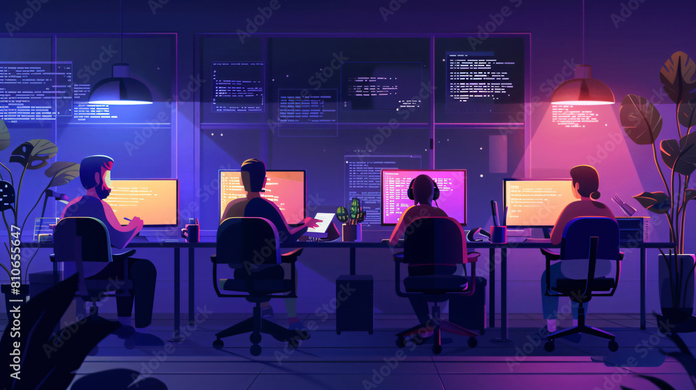 Team of young programmers working in office at night -