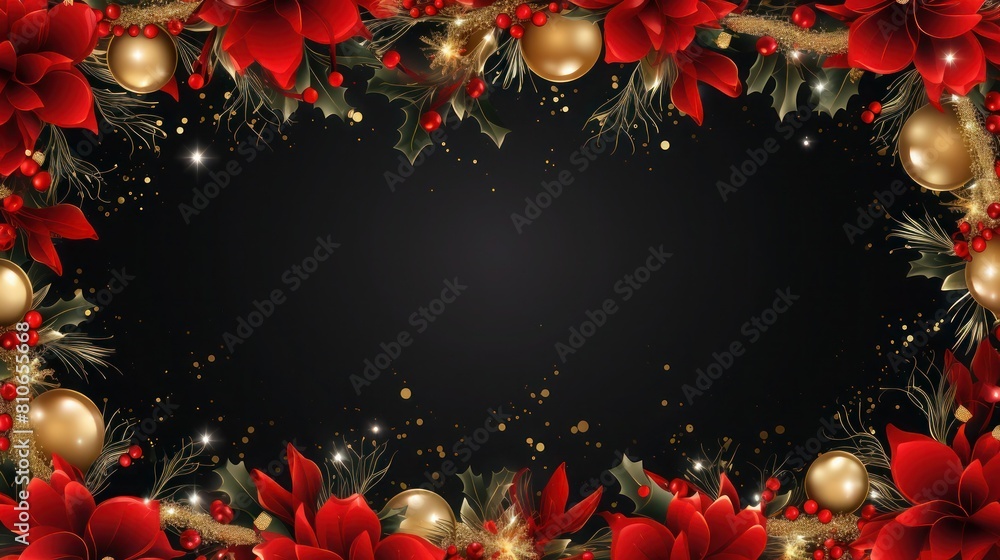 Beautiful Christmas mock-up. Frame with red flowers, gold balls and holly berries on black background. Beautiful Christmas mock-up. Frame with red flowers, gold balls and holly berries on black background.
