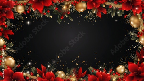 Beautiful Christmas mock-up. Frame with red flowers, gold balls and holly berries on black background. © junky_jess
