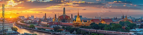 Vibrant Sunset Panorama of Thailand s Iconic Wat Phra Kaew Temple Complex and Bangkok Cityscape