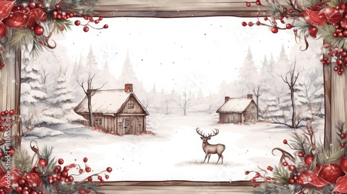 Christmas vintage postcard. Deer near a log cabin on a winter day in decorative frame with spruce needles holly berries. © junky_jess