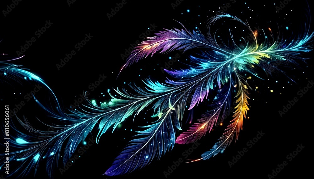 Vivid Feather Shapes with Glowing Particles on Dark Background Vivid Feather Shapes with Glowing Particles on Dark Background