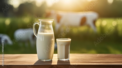 Fresh milk in glass on dark wooden tabletop and blurred landscape with cow on meadow. Healthy eating. Rustic style. Space for design.