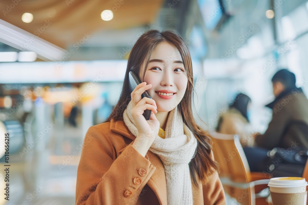 Smiling Young Woman Making a Phone Call at a Busy Airport Terminal During Daytime Smiling Young Woman Making a Phone Call at a Busy Airport Terminal During Daytime