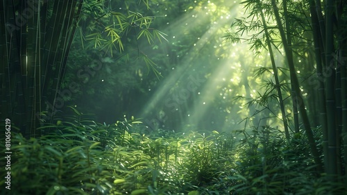  A tranquil bamboo forest with shafts of sunlight piercing through the dense foliage, illuminating the lush green undergrowth. . 
