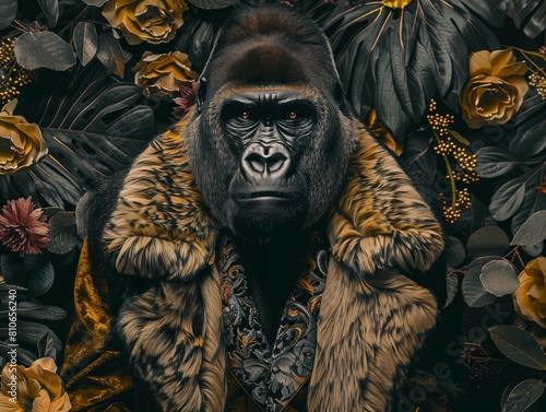 Creative animal concept. Closeup Gorilla in luxury lush coat outfits isolated on natural floral wildlife foliage leafy green forest nature habitat background.