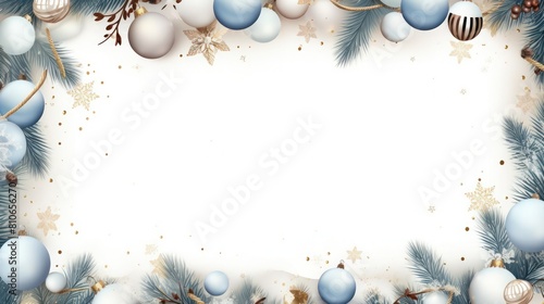 Christmas mock-up. Decorative frame with blue and silver balls, spruce needles and glitters on white background. © junky_jess