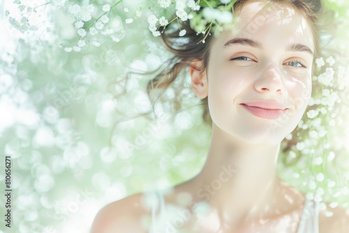 Radiant Young Woman Smiling Under Green Leaves in Daylight
