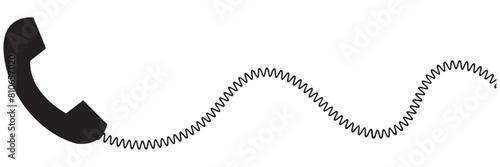 Telephone receiver with a cord. Phone handset with extension cord. Black silhouette isolated on a white background. Vector illustration. EPS 10