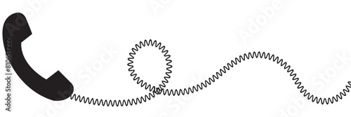 Telephone receiver with a cord. Phone handset with extension cord. Black silhouette isolated on a white background. Vector illustration. EPS 10