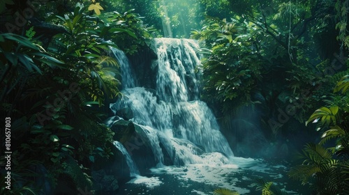 A cascading waterfall surrounded by lush foliage, showcasing the pristine beauty of untouched nature.