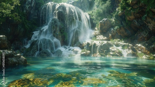 A cascading waterfall plunging into a crystal-clear pool below  embodying the raw power and beauty of natural water sources.