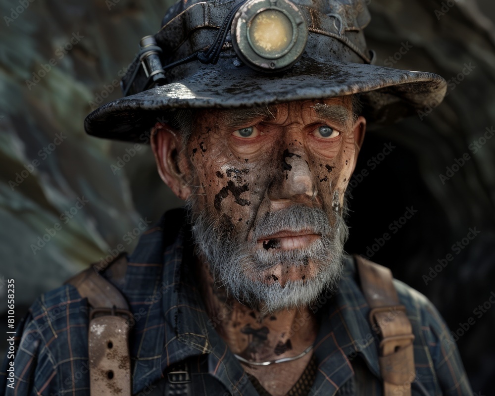 A weathered miner with dirt-streaked face, super realistic A weathered miner with dirt-streaked face, super realistic