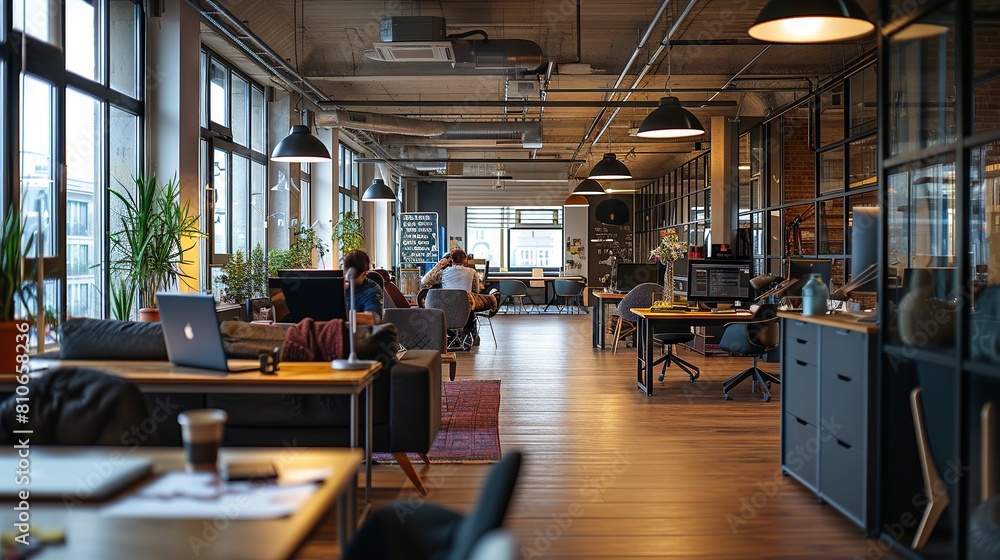Spacious and stylish modern loft office interior with contemporary furniture and design elements in urban setting Spacious and stylish modern loft office interior with contemporary furniture and design elements in urban setting