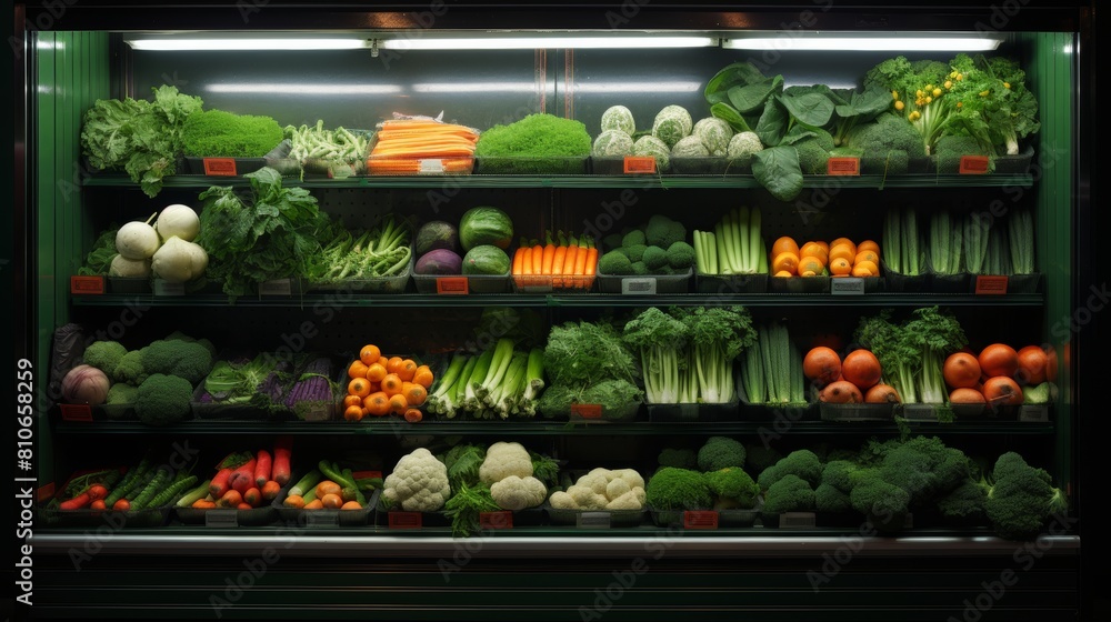 Bright grocery store showcase close-up for advertising organic produce and healthy food