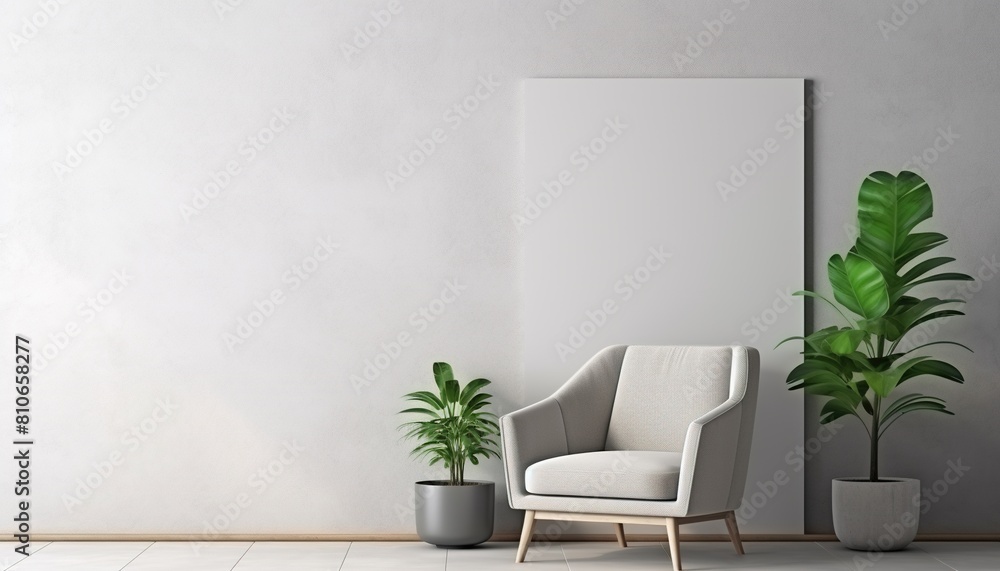 Modern living room indoor design with scene of a white armchair chair with an empty mockup poster and white wall
Modern living room indoor design with scene of a white armchair chair with an empty mockup poster and white wall