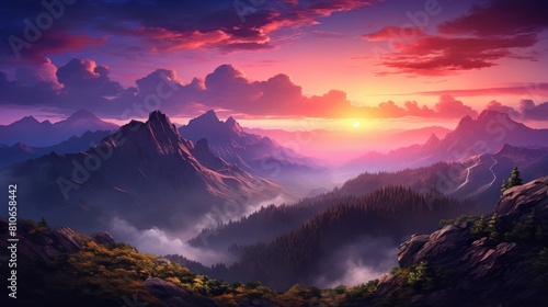 sunset over a rugged mountain landscape, with the sun painting the sky in hues of orange, pink, and purple, 