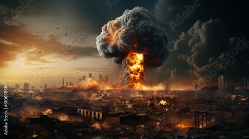 Destroyed city after nuclear blast, apocalypse consequences, high quality stock photo