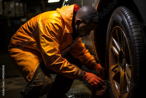 Skilled mechanic performing tire repair on a wheel at a professional automotive service center