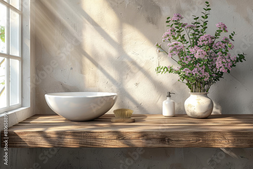 A closeup of an elegant, modern bathroom sink on top of rustic wooden countertop near window with sun rays shining through the window and purple flowers. Created with Ai