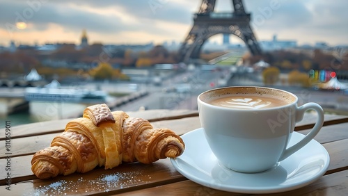 Morning coffee with a croissant overlooking the Eiffel Tower in Paris. Concept Paris  Eiffel Tower  Coffee  Croissant  Morning View