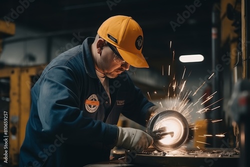 Skilled tire technician carrying out wheel repair on a vehicle in an automotive workshop