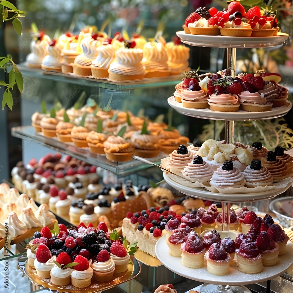 Pastries on display in a bakery with a display of pastries.Pastry Shop Showcase of Treats

