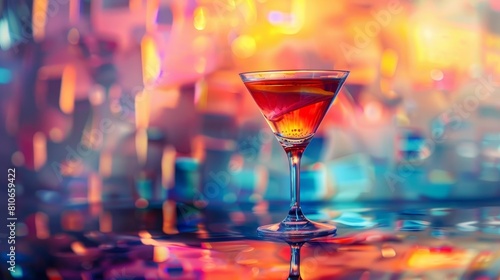 Glowing Cocktail on a Vivid Abstract Wallpaper Surface A Captivating Modern Minimalist Sunset Drink Scene photo