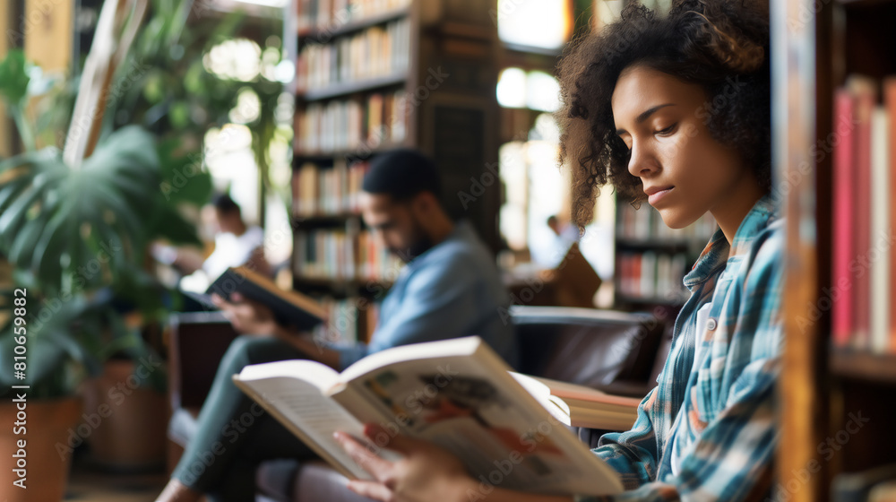 図書館で本を読む女性 図書館で本を読む女性