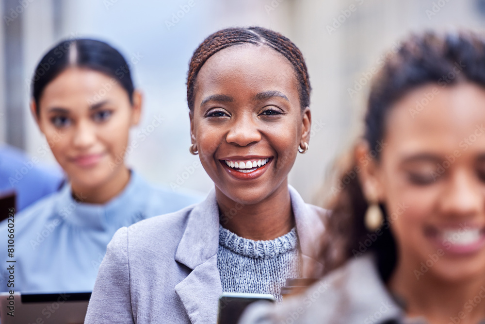Row, business woman and smile in portrait with phone for software update, connection issues or signal. Corporate, employees and female consultant outdoor in line, electronic or equipment inspection Row, business woman and smile in portrait with phone for software update, connection issues or signal. Corporate, employees and female consultant outdoor in line, electronic or equipment inspection
