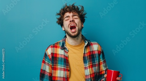 A Man Yawning with Coffee Mug photo