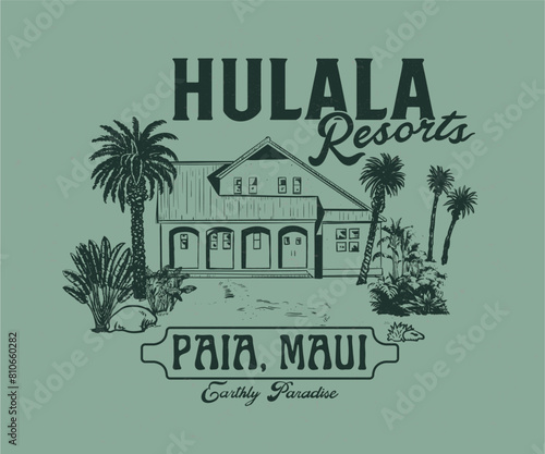 summer tropical resort vector art, palm spring resort vector design, vintage summer vacation poster, graphic print