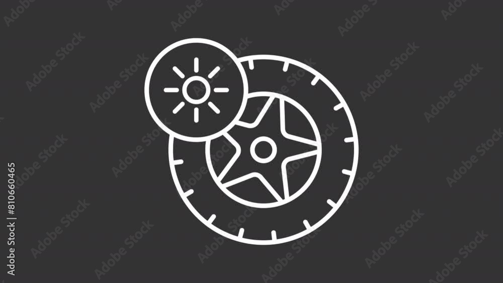 Animated summer tire white icon. Spinning tire and sun line animation. Tire changeover service. All season tyre. Isolated illustration on dark background. Transition alpha video. Motion graphic Animated summer tire white icon. Spinning tire and sun line animation. Tire changeover service. All season tyre. Isolated illustration on dark background. Transition alpha video. Motion graphic