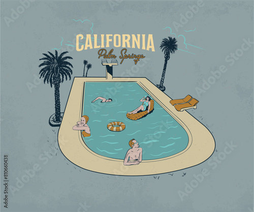 vintage swimming pool party vector illustration, california palm spring retro vintage artwork, summer vacation vector art for t shirt, poster, graphic print
