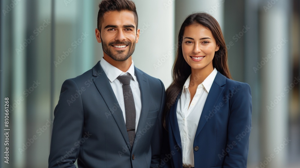 A confident, well-dressed couple of business professionals standing close together and smiling at the camera, A confident, well-dressed couple of business professionals standing close together and smiling at the camera,