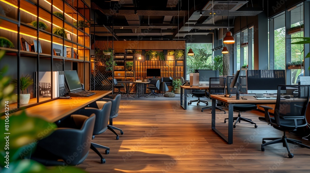 Spacious and stylish modern loft office interior with contemporary furniture and design elements in urban setting Spacious and stylish modern loft office interior with contemporary furniture and design elements in urban setting