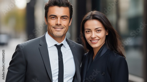 A confident, well-dressed couple of business professionals standing close together and smiling at the camera, 