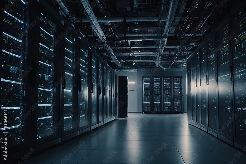 Corridor in Working Data Center Full of Rack Servers and Supercomputers with Internet connection Visualisation Projection Corridor in Working Data Center Full of Rack Servers and Supercomputers with Internet connection Visualisation Projection