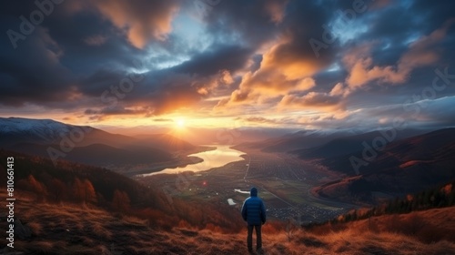 Hiking man enjoys freedom on mountain top during sunset, soft hues, high quality image