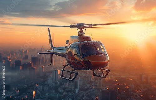 helicopter flying over the city, helicopter flying with an urban background photo
