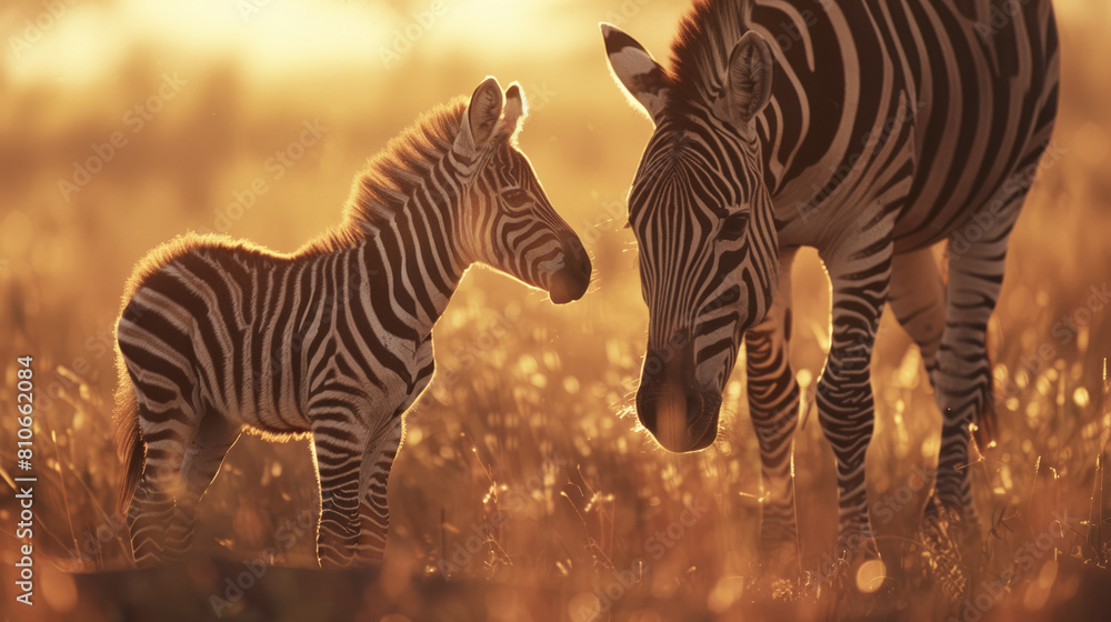 Fototapeta premium A tender scene of a zebra mother and baby touching noses in the golden light of sunset, emphasizing their connection and the beauty of nature