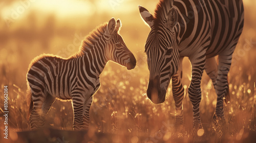 A tender scene of a zebra mother and baby touching noses in the golden light of sunset, emphasizing their connection and the beauty of nature photo