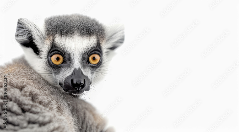 Close-up of a lemur with wide, alert yellow eyes, providing a captivating view into its unique characteristics, against a plain white background
