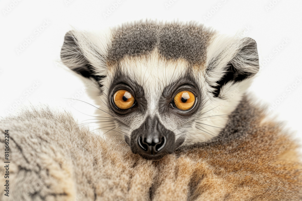 Fototapeta premium A lemur in a thoughtful pose, its eyes full of wonder, captured against a plain white background to emphasize its endearing appearance
