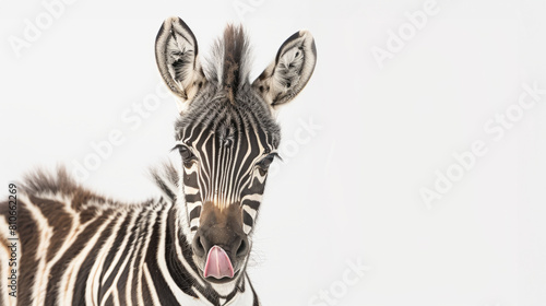 A playful zebra sticking its tongue out  captured against a plain white background  adding a humorous touch to its striped elegance