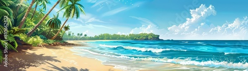 Beach paradise. White sand  blue water  green palm trees.