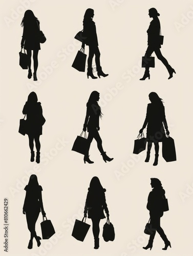 A series of silhouettes of women carrying shopping bags