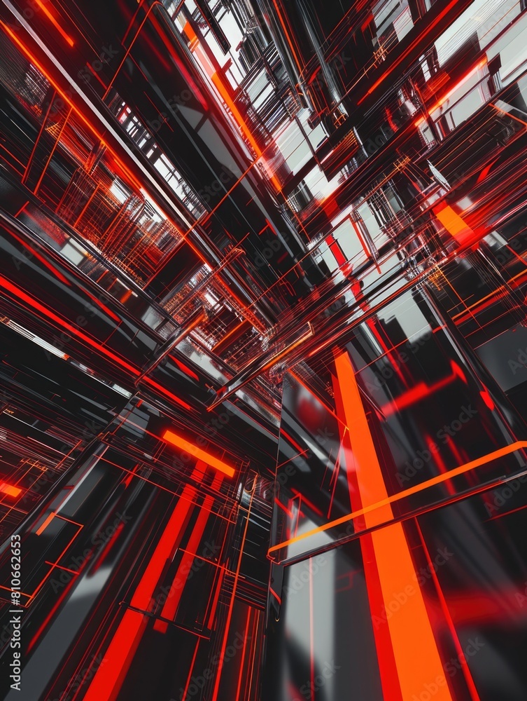 A very abstract image of a building with red and black lines