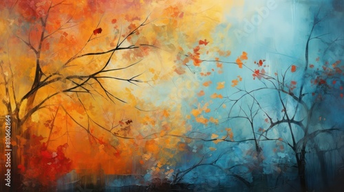 Atmospheric autumn mood background. Black branches with orange and yellow leaves on blue backdrop.